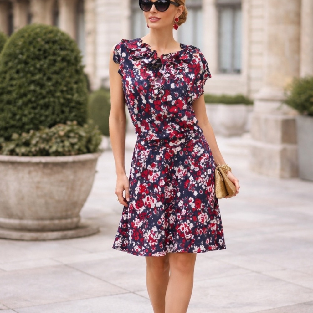 Moschino Cheap Chic Red Poppy Floral Silk Ruffle Dress Size 10